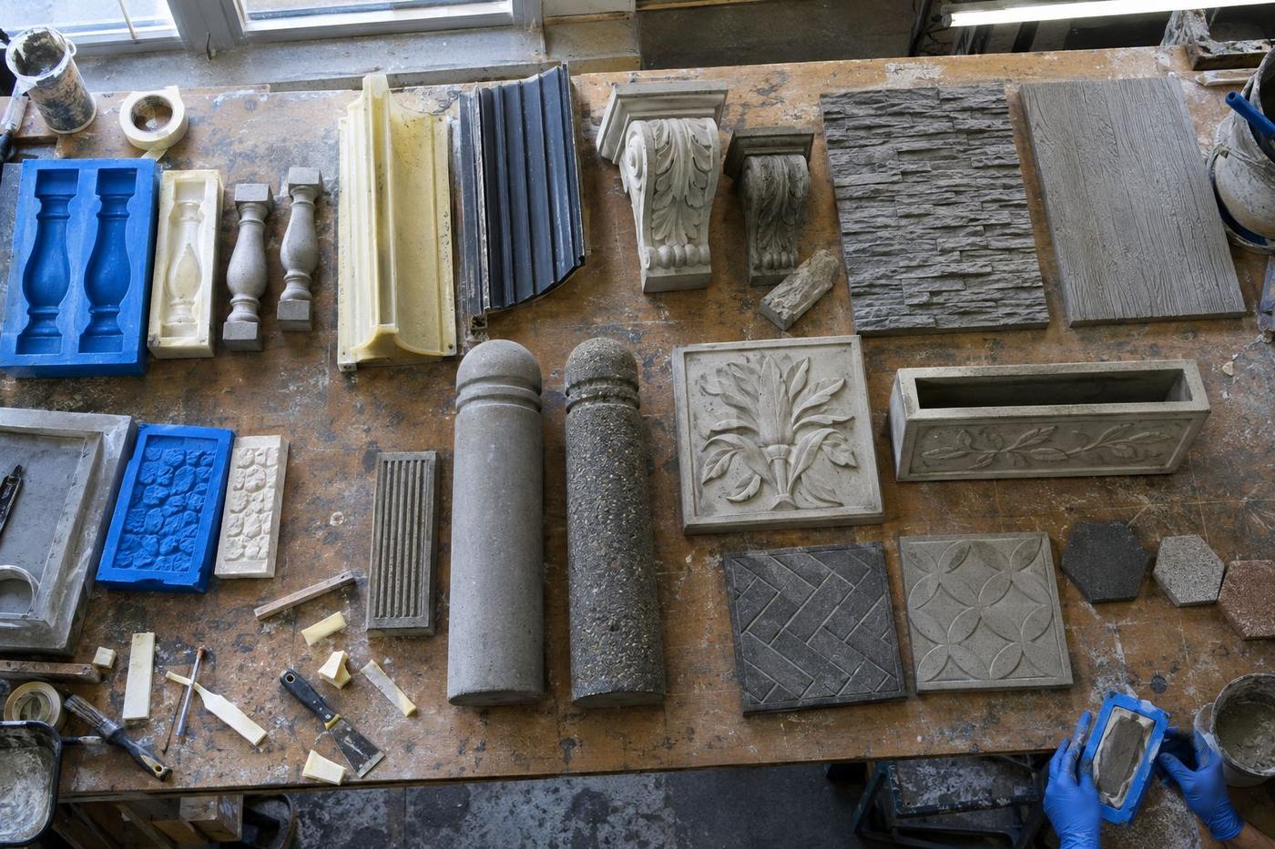 Overhead view of mixed silicone moulds and formliner samples for concrete products.