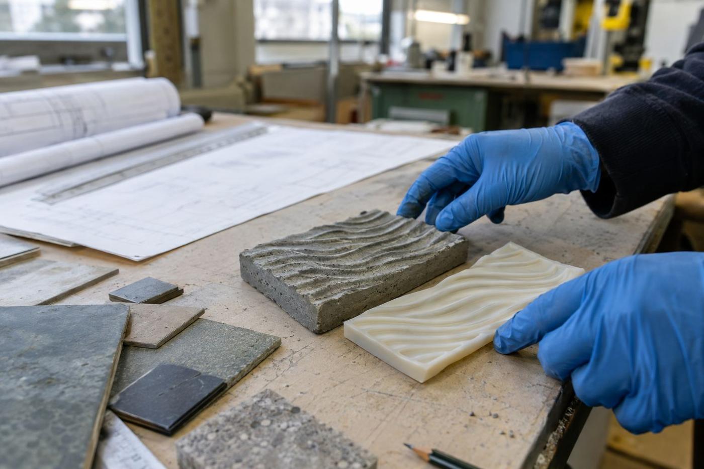 Material and relief samples beside drawings on a workshop table.