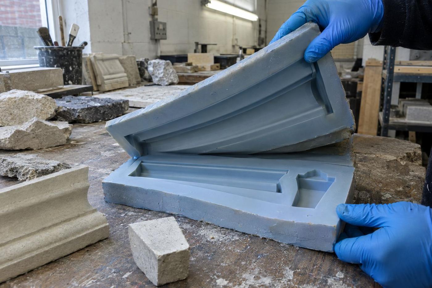 Opened silicone mould showing sharp cast-stone detail and arris lines.