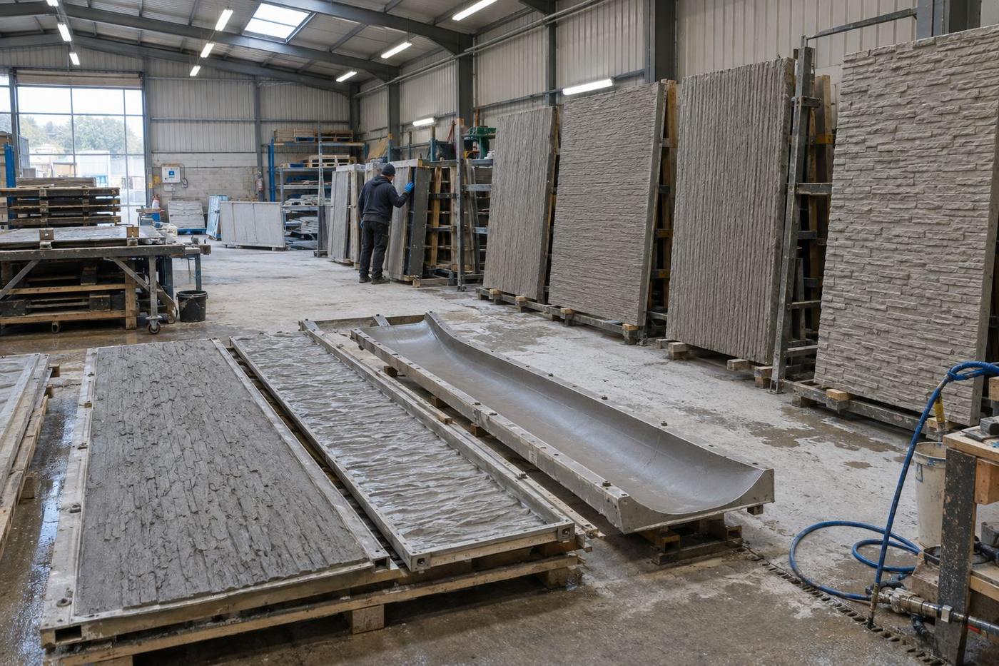 Matched cladding moulds and textured panels laid out in a factory bay.