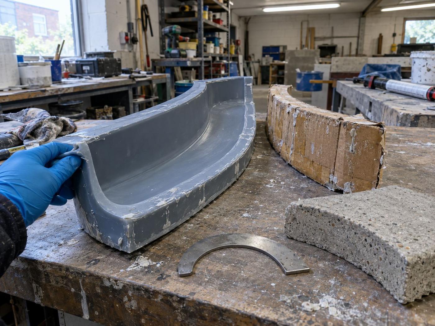 Curved silicone mould and template for a bespoke landscape concrete unit.