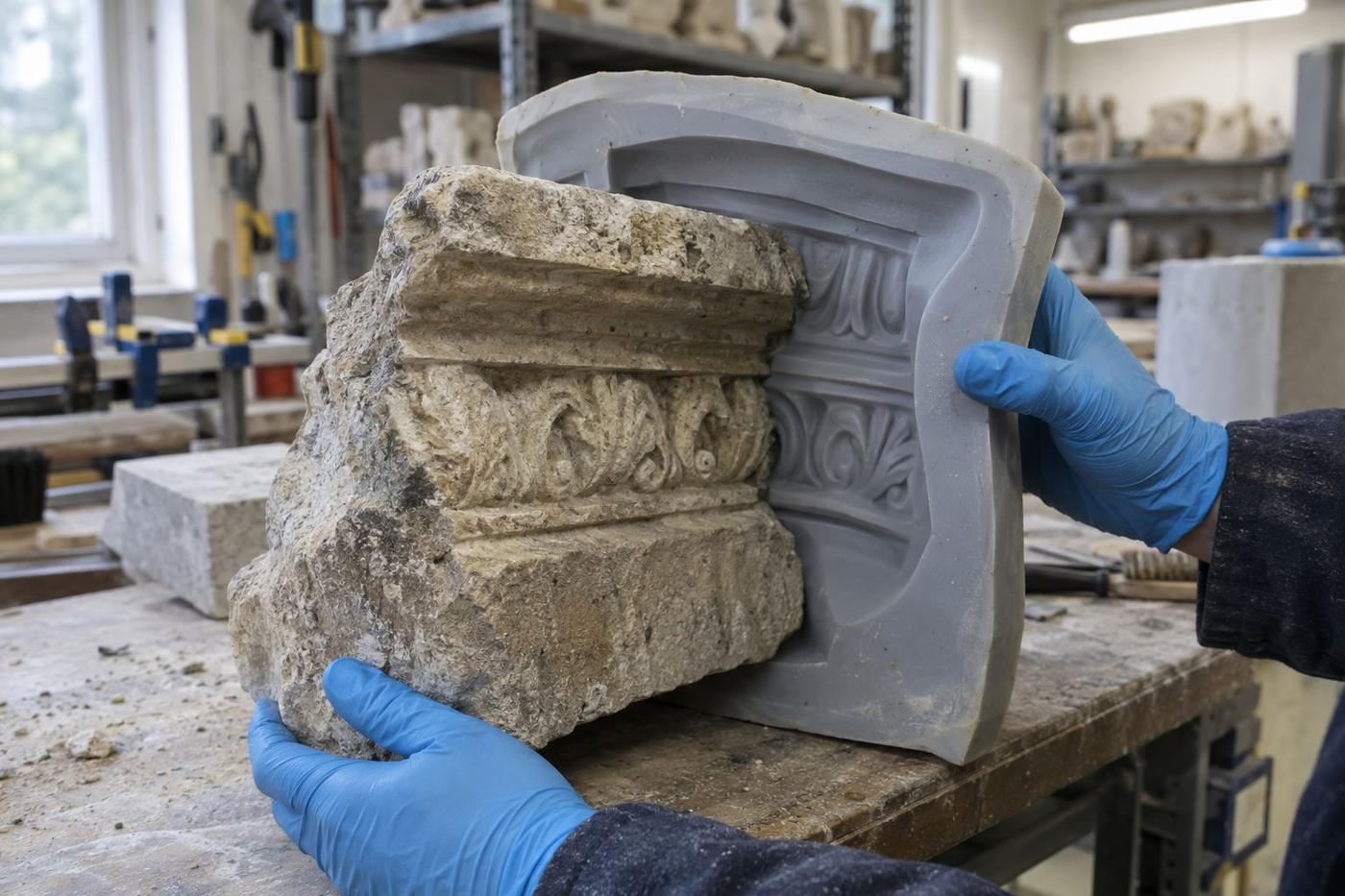 Stone ornament fragment being matched with a silicone mould on a bench.