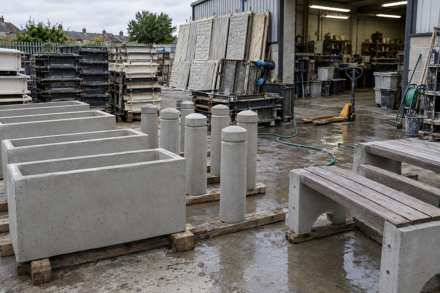 Concrete planters, bollards and bench ends beside moulds in a yard.