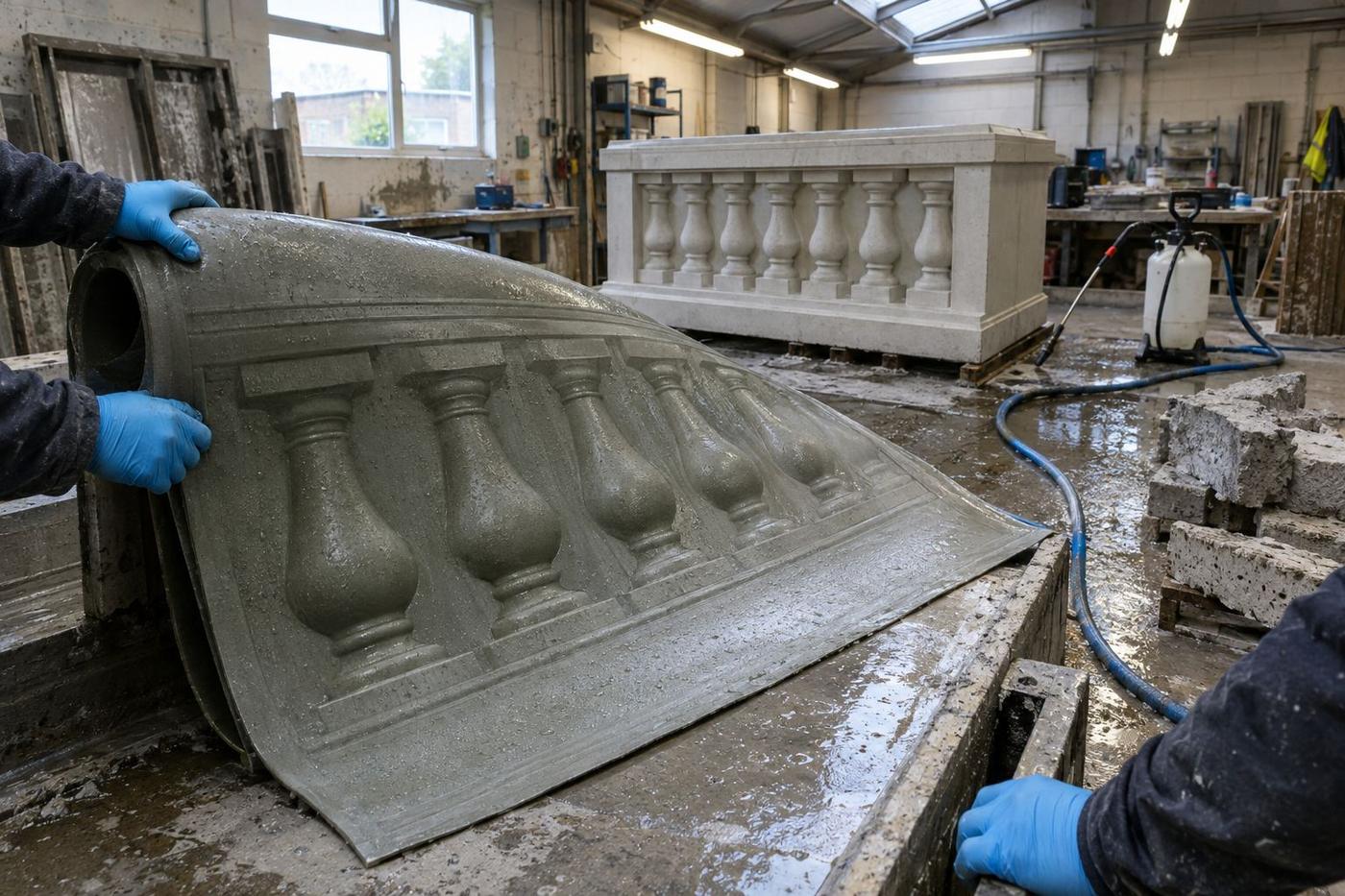 Workers handling a large textured formliner beside a casting bed.