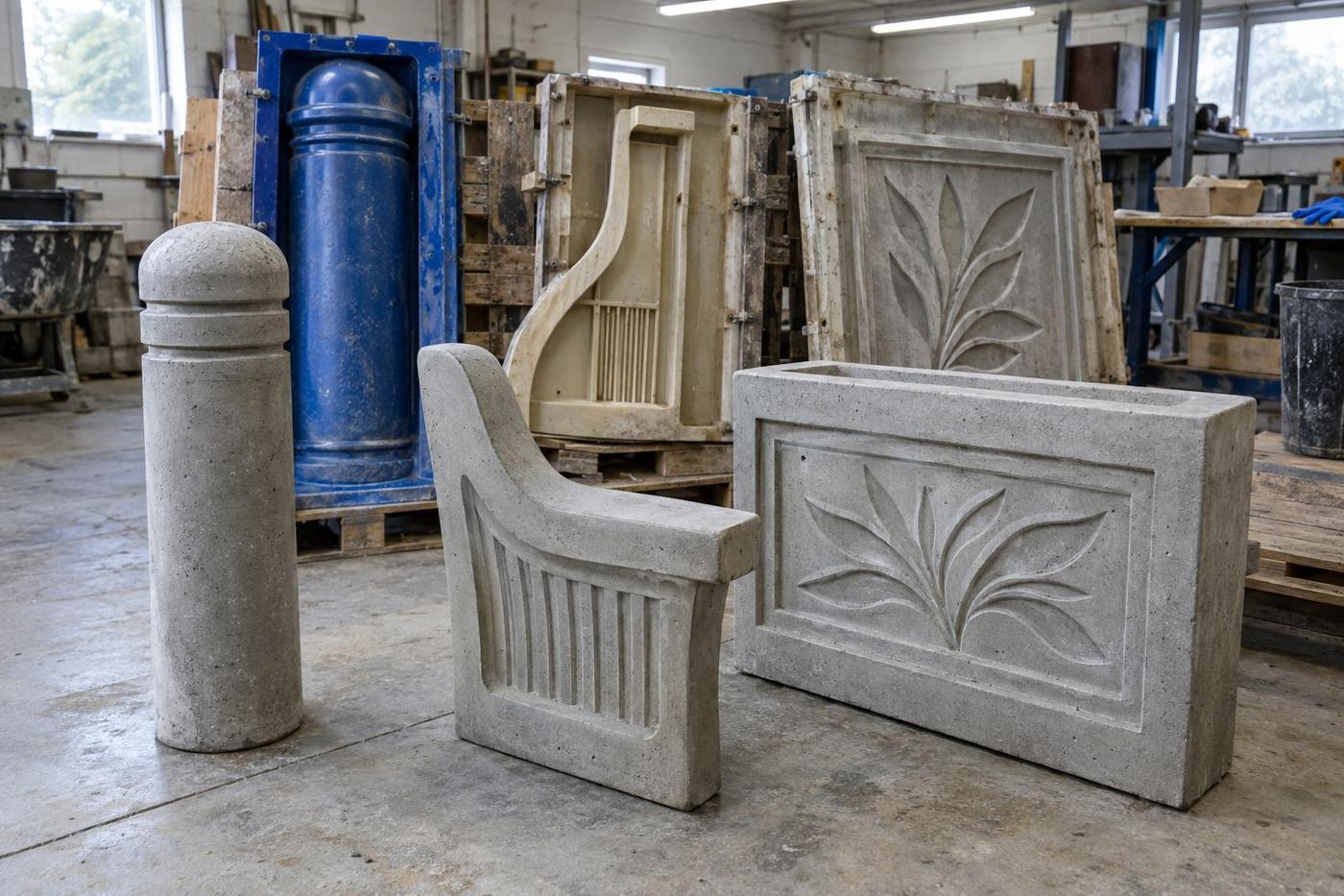 Concrete bollard, bench end and planter panel with their moulds behind.