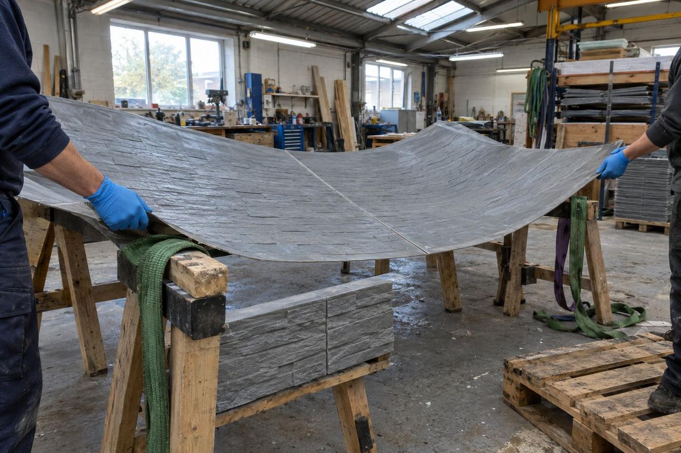 Large flexible mould being supported across trestles with a planned split line.