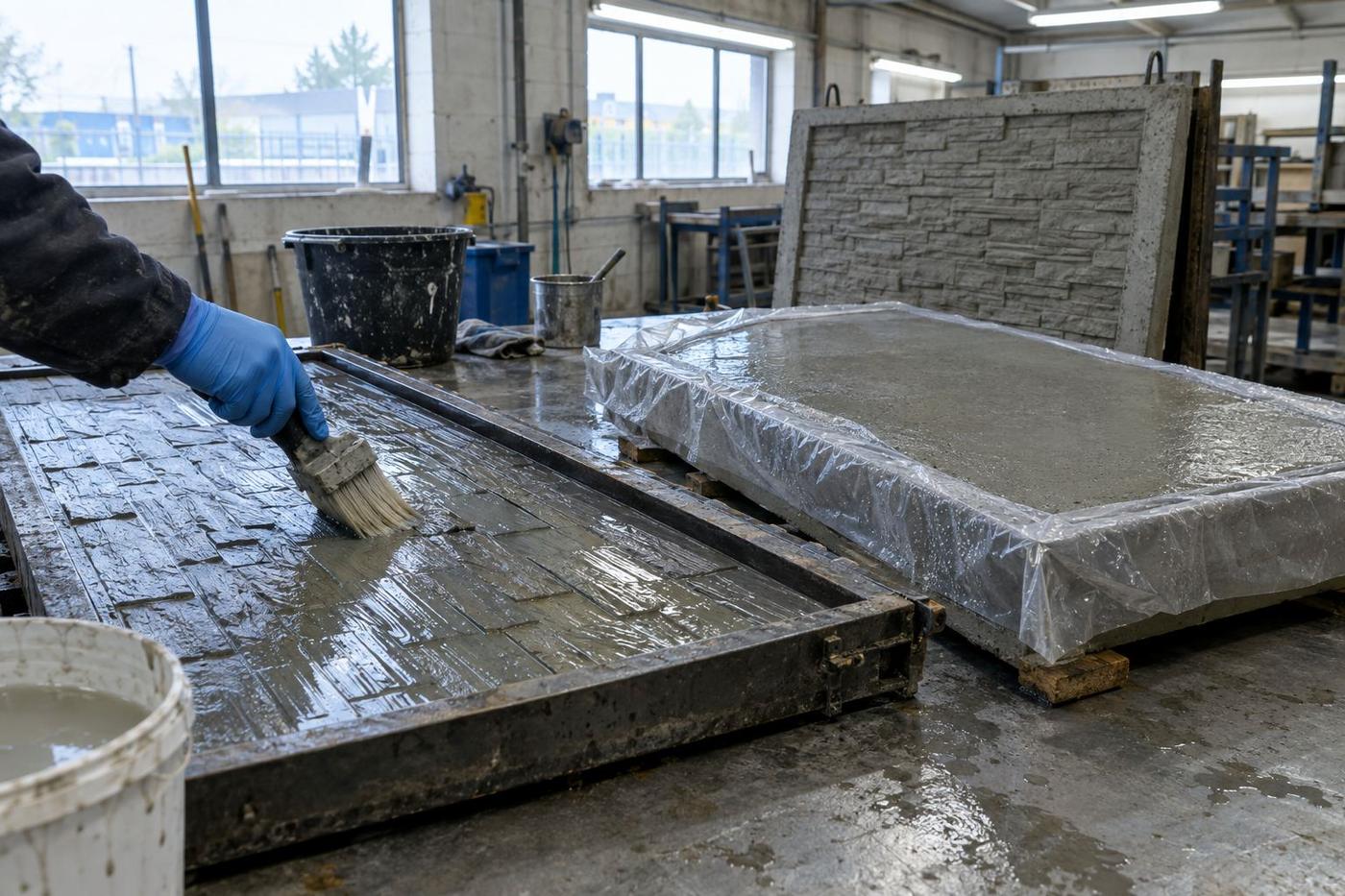 Release agent being applied beside curing and newly demoulded concrete panels.