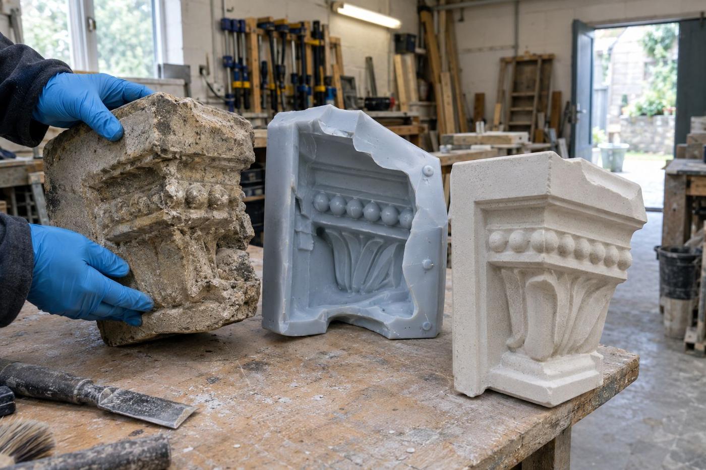 Historic stone sample beside silicone mould and fresh reproduction cast.