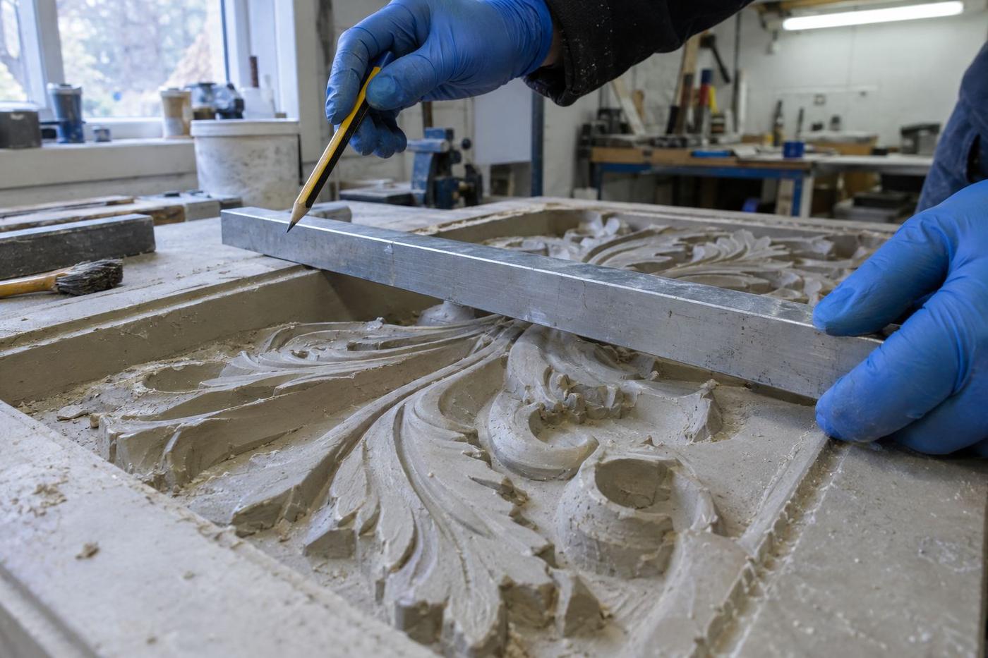 Straightedge checking architectural relief for unwanted undercuts before tooling.