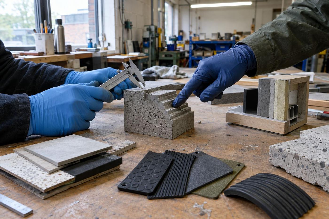 Hands comparing texture samples and mock-up for custom cladding design.