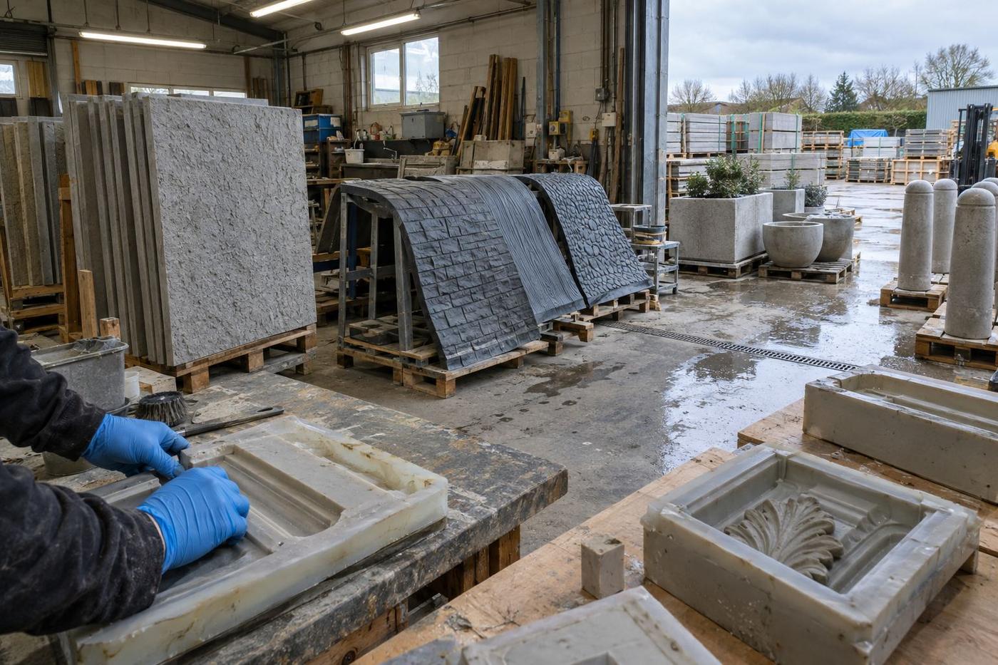 Precast workshop with formliners, moulds, textured panels and street furniture casts.