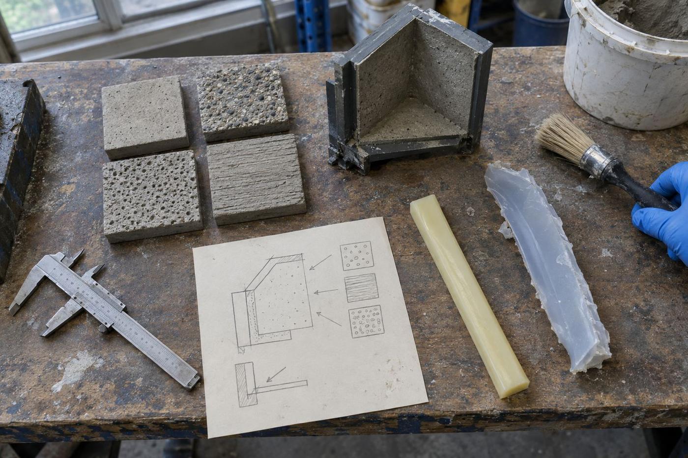 Overhead spread of concrete tooling samples, measuring tools and mould materials.