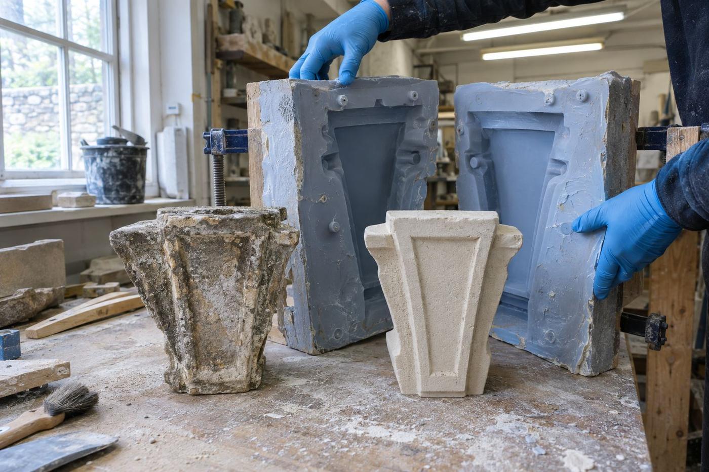Georgian keystone sample, two-part silicone mould and fresh cast replica.