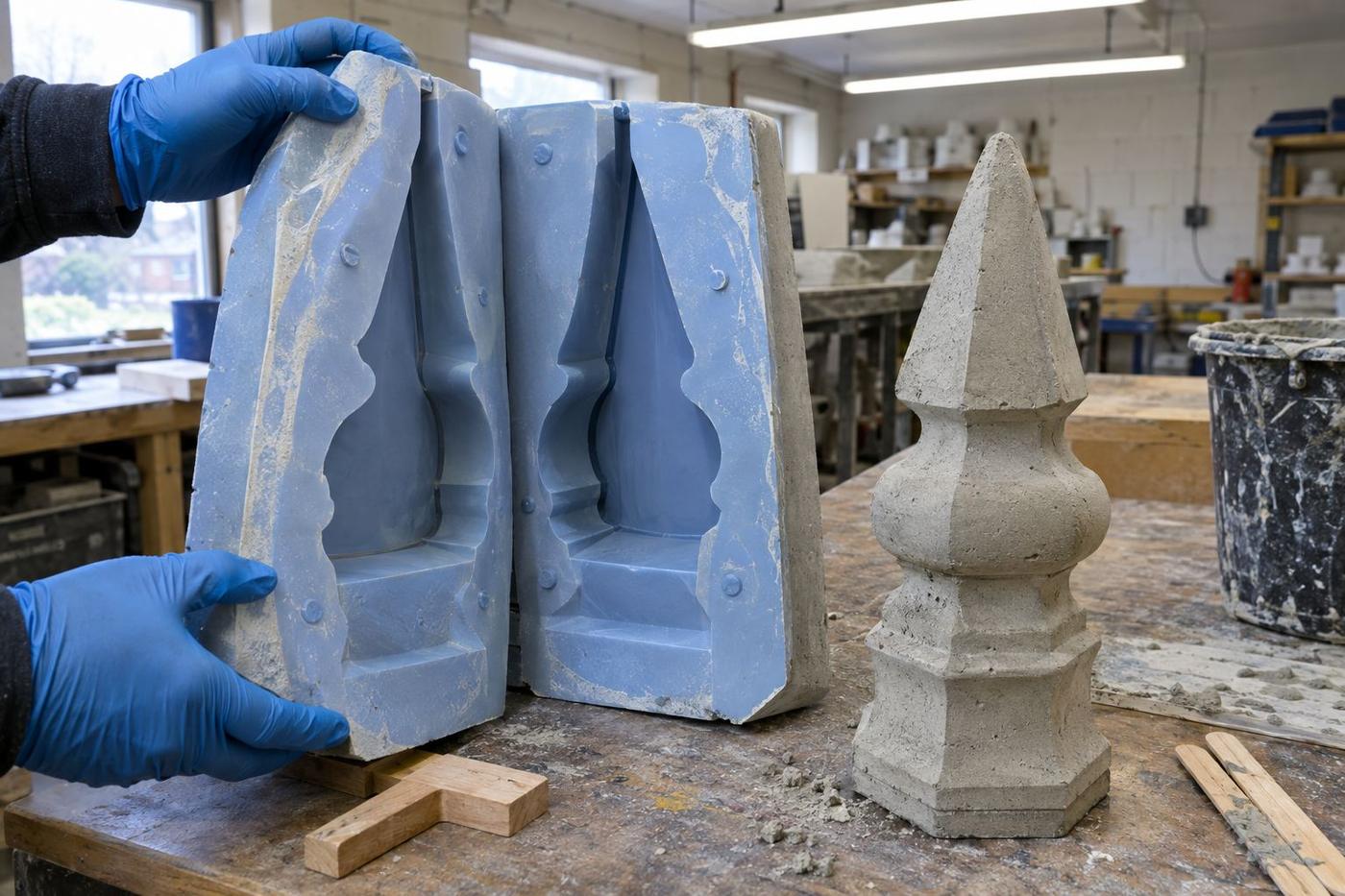 Silicone mould and fresh lime concrete church finial on a bench