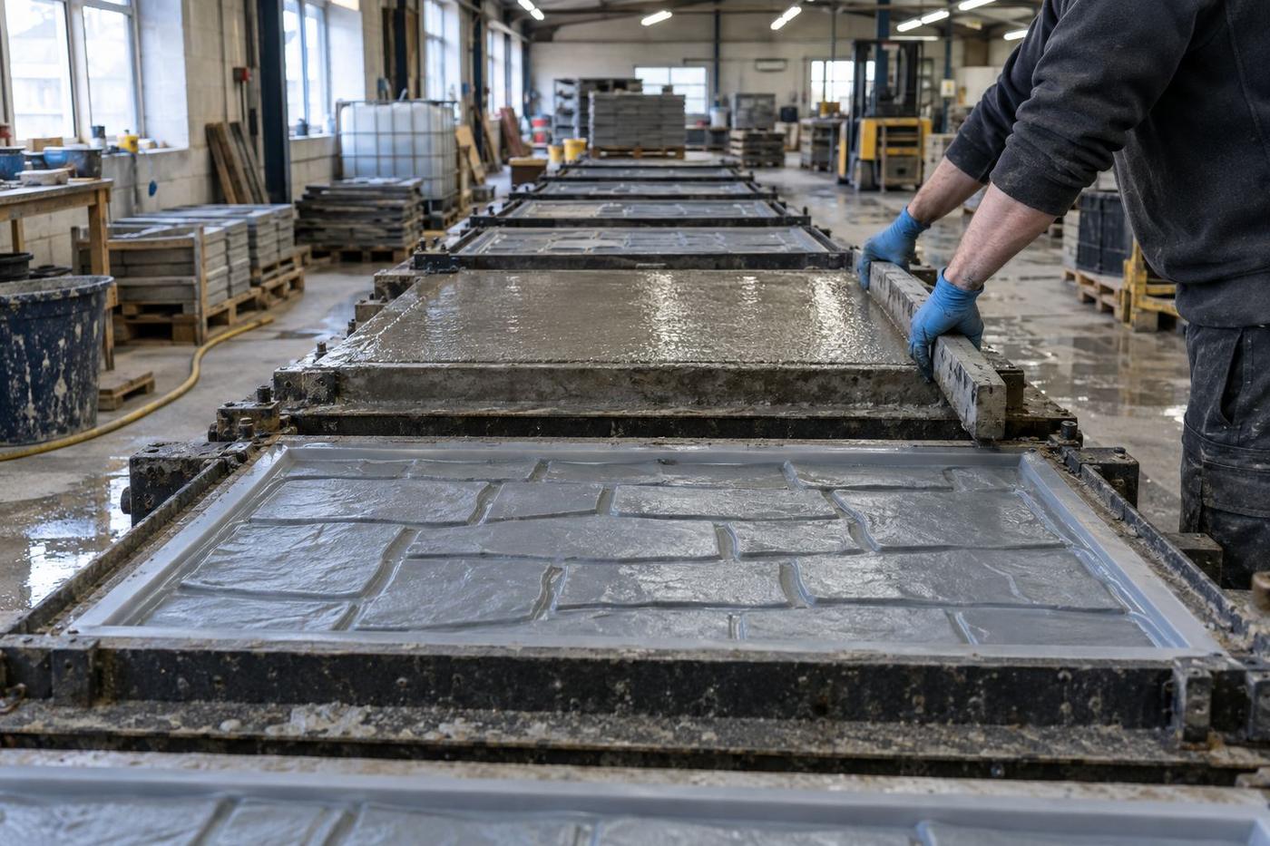 Paving slab production line with relief liners and screeding