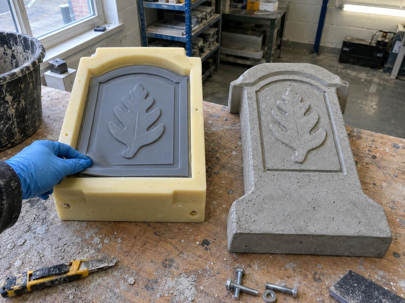 Bench-end liner with flexible insert beside a concrete cast