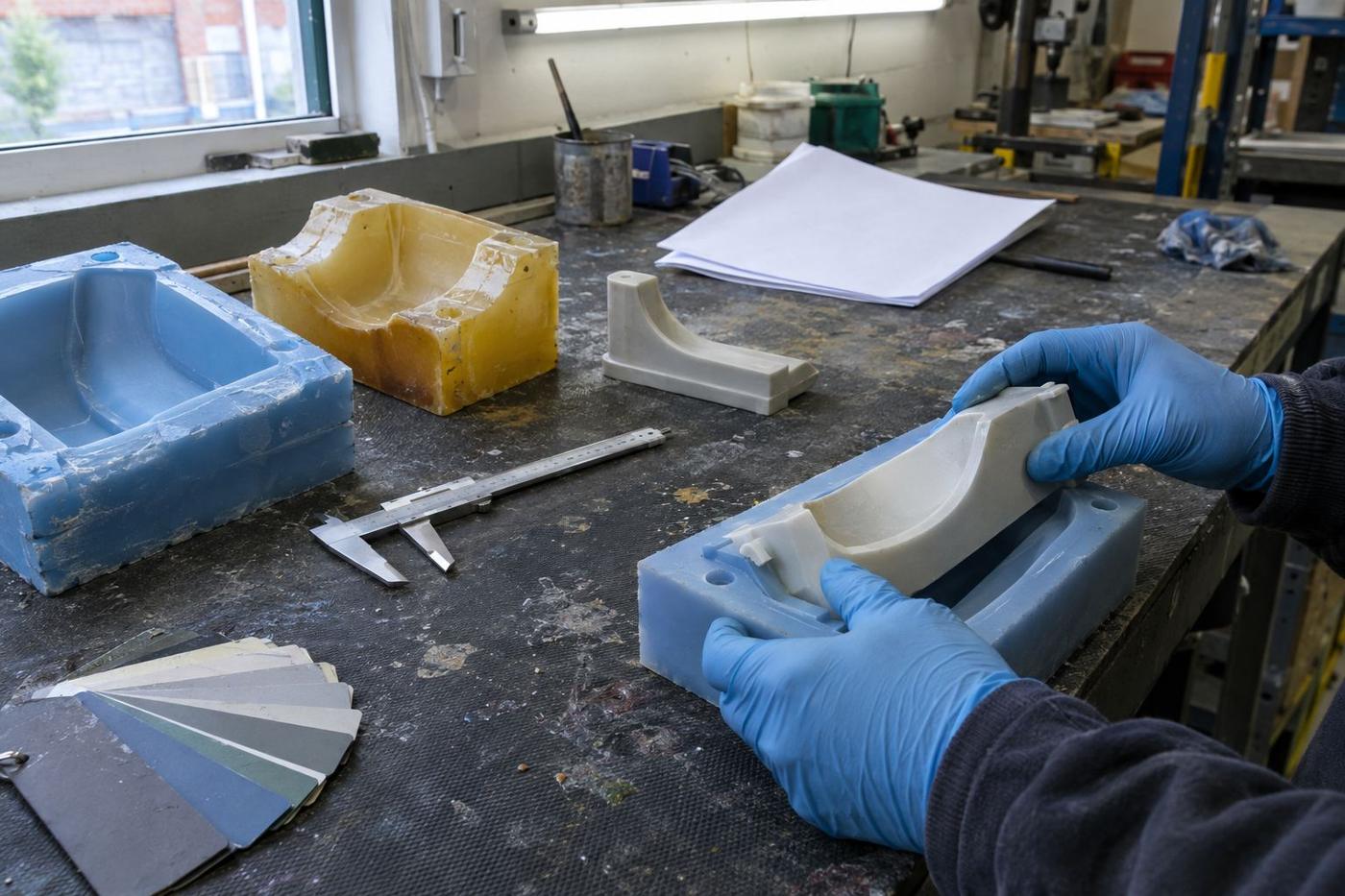 Tooling, sample cast and inspection setup on a workshop bench