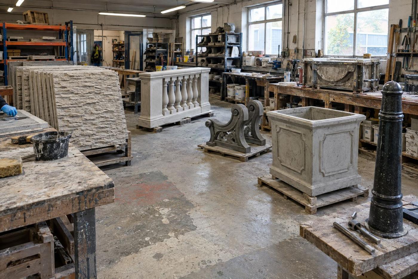 Different precast and mould products gathered in one workshop space