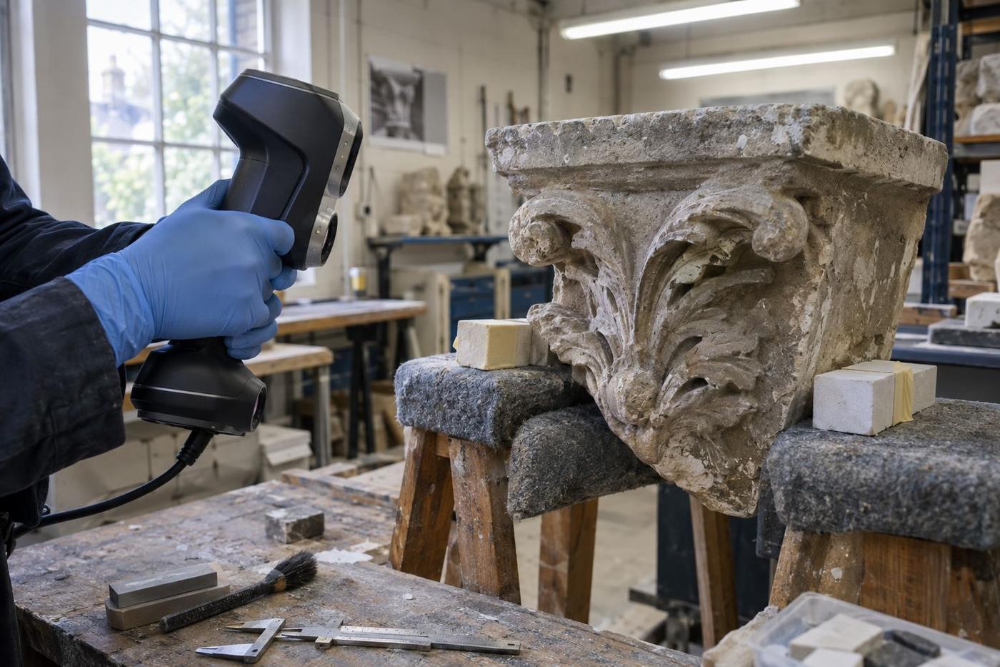 Gloved hands scanning a carved stone corbel without touching it.