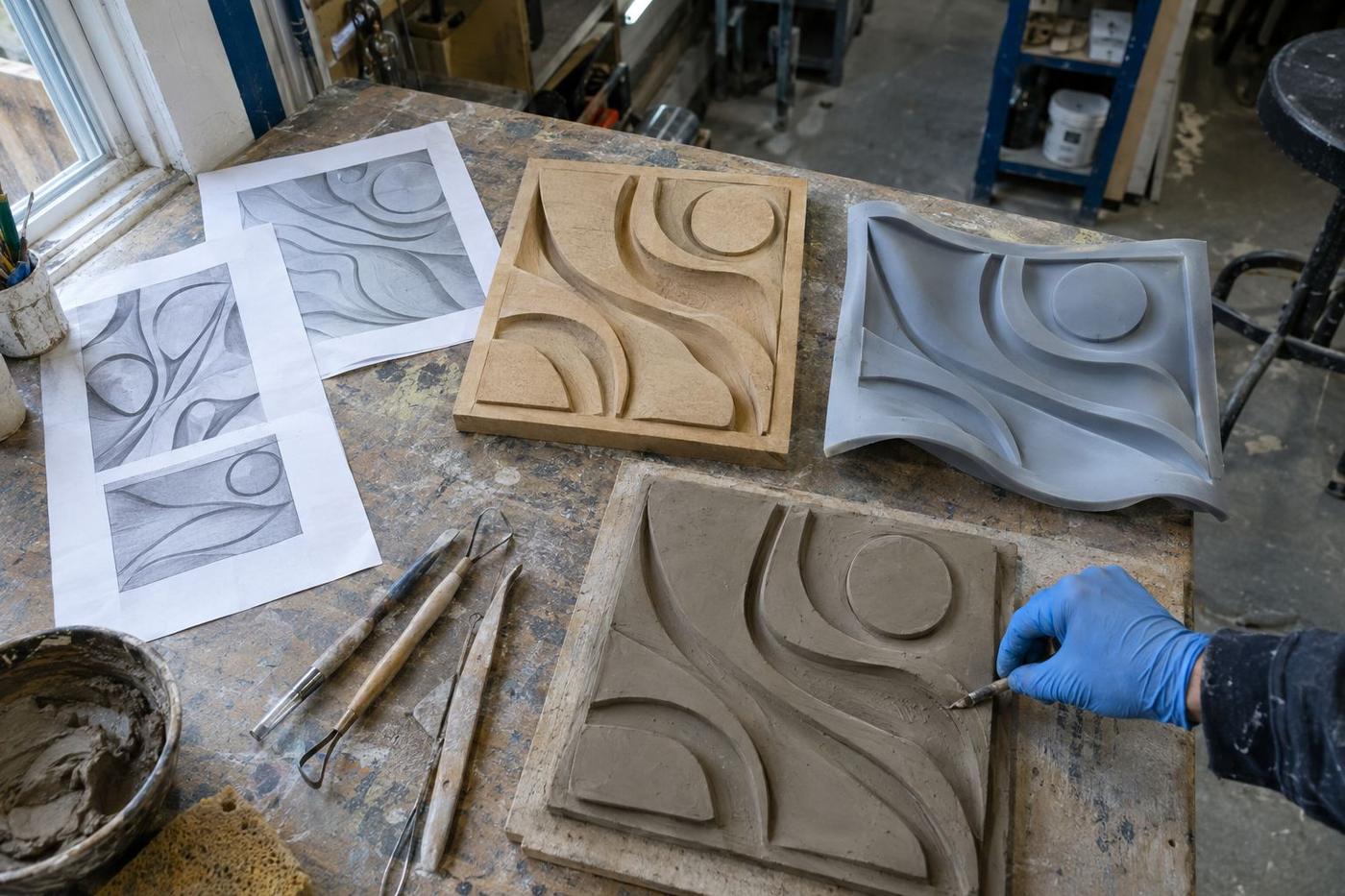 Artwork, carved relief sample and silicone formliner on a worktable.