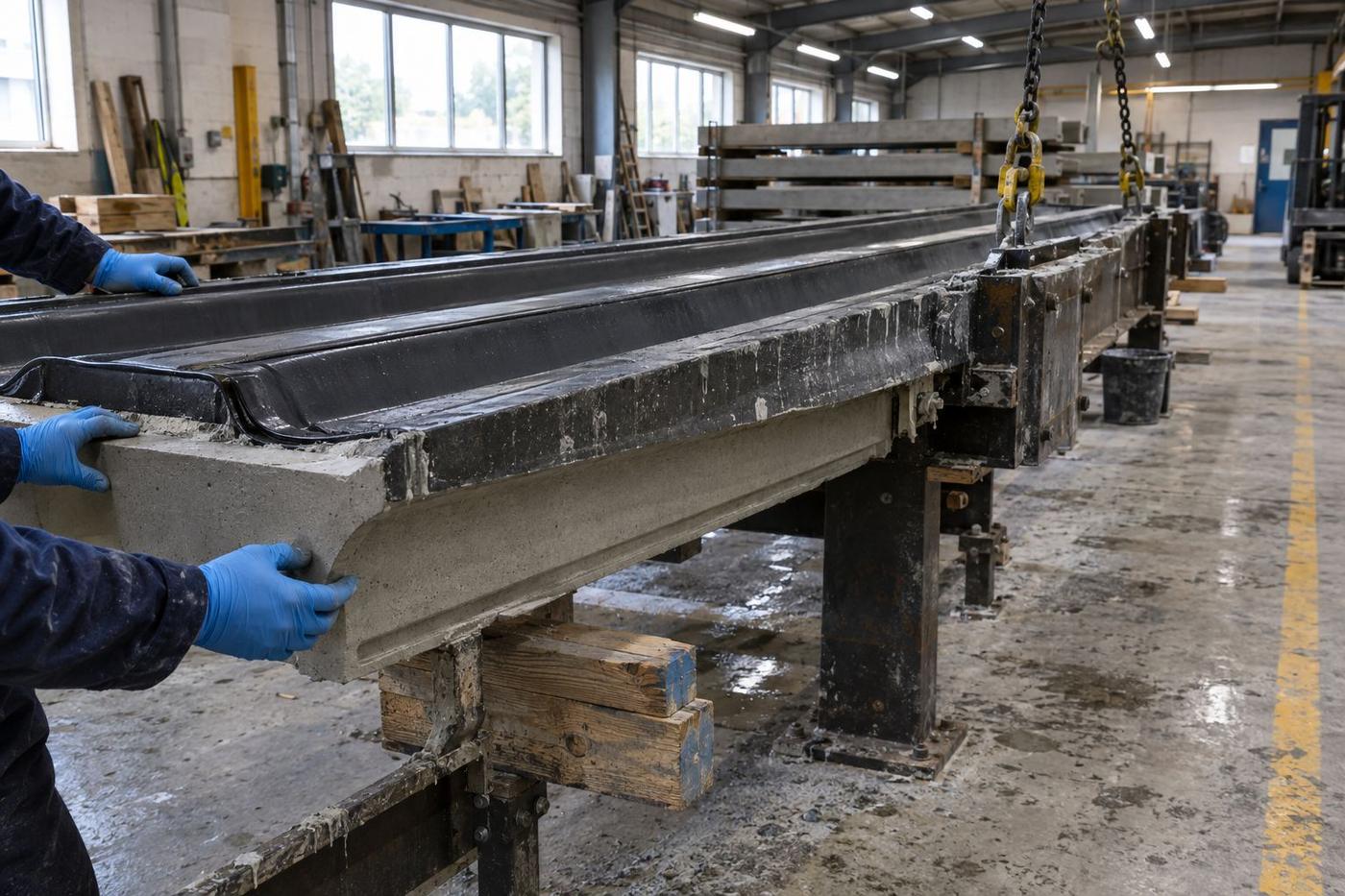 Long precast beam mould with chamfers and soffit detail in workshop.