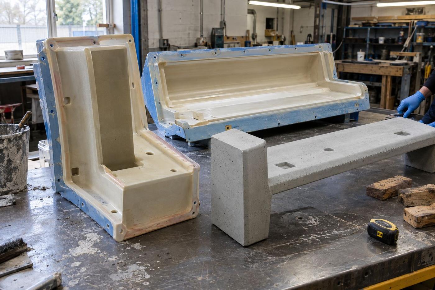 Bench end mould parts beside a cast concrete seating sample.