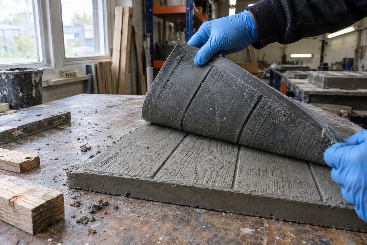 Flexible board-mark formliner lifted from a textured concrete sample.