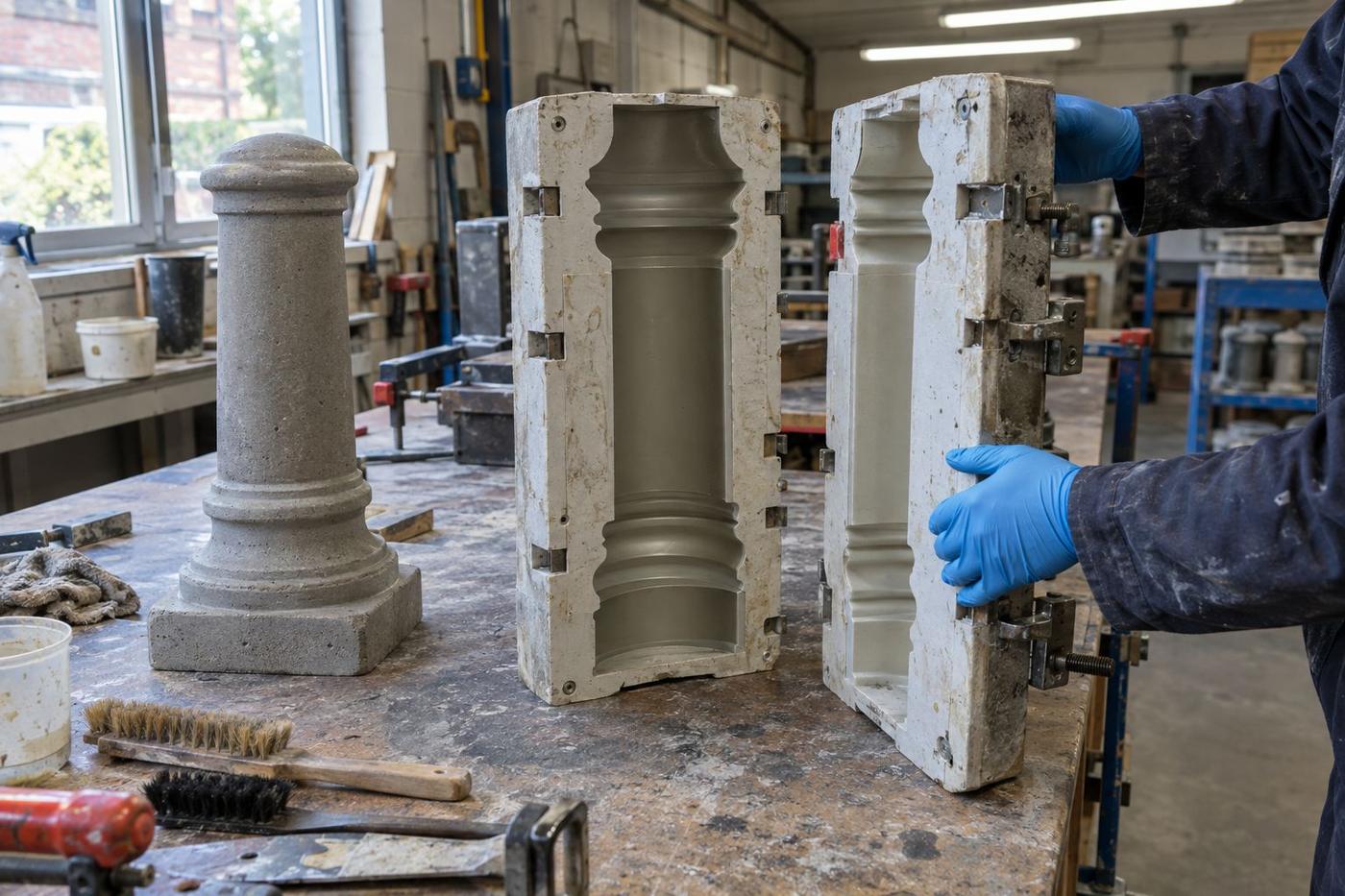 Split bollard mould halves being fitted together on a bench.