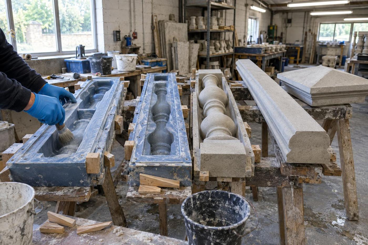 Balustrade moulds and cast stone parts arranged on trestles.