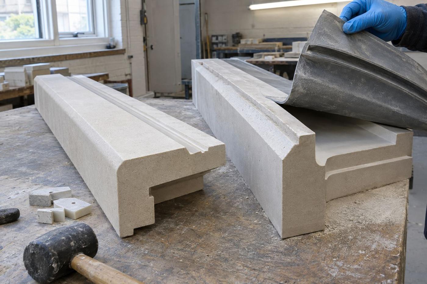 Cast stone cill and lintel moulds with crisp drip details.
