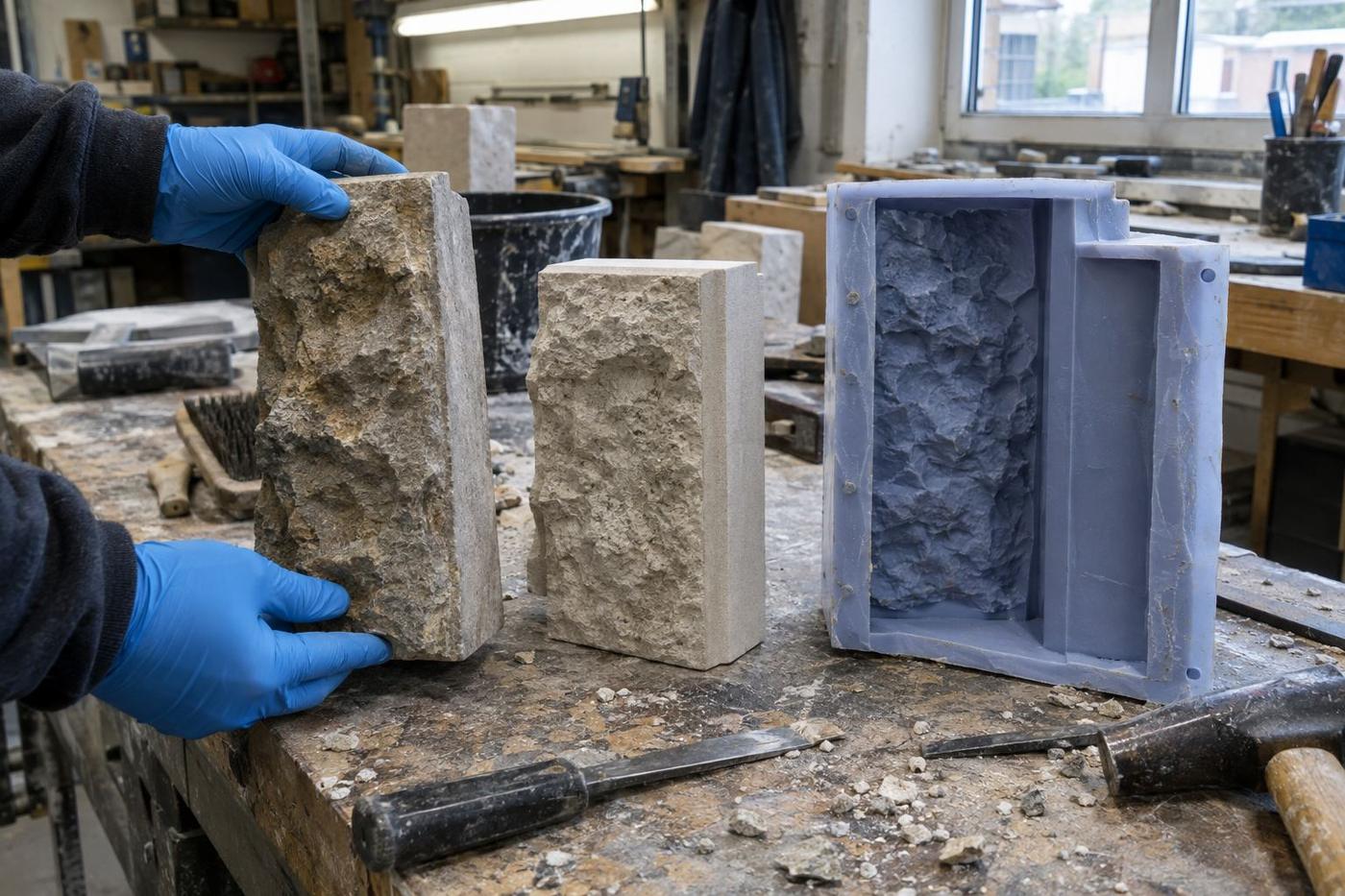 Stone reference, cast quoin sample and textured mould on bench.