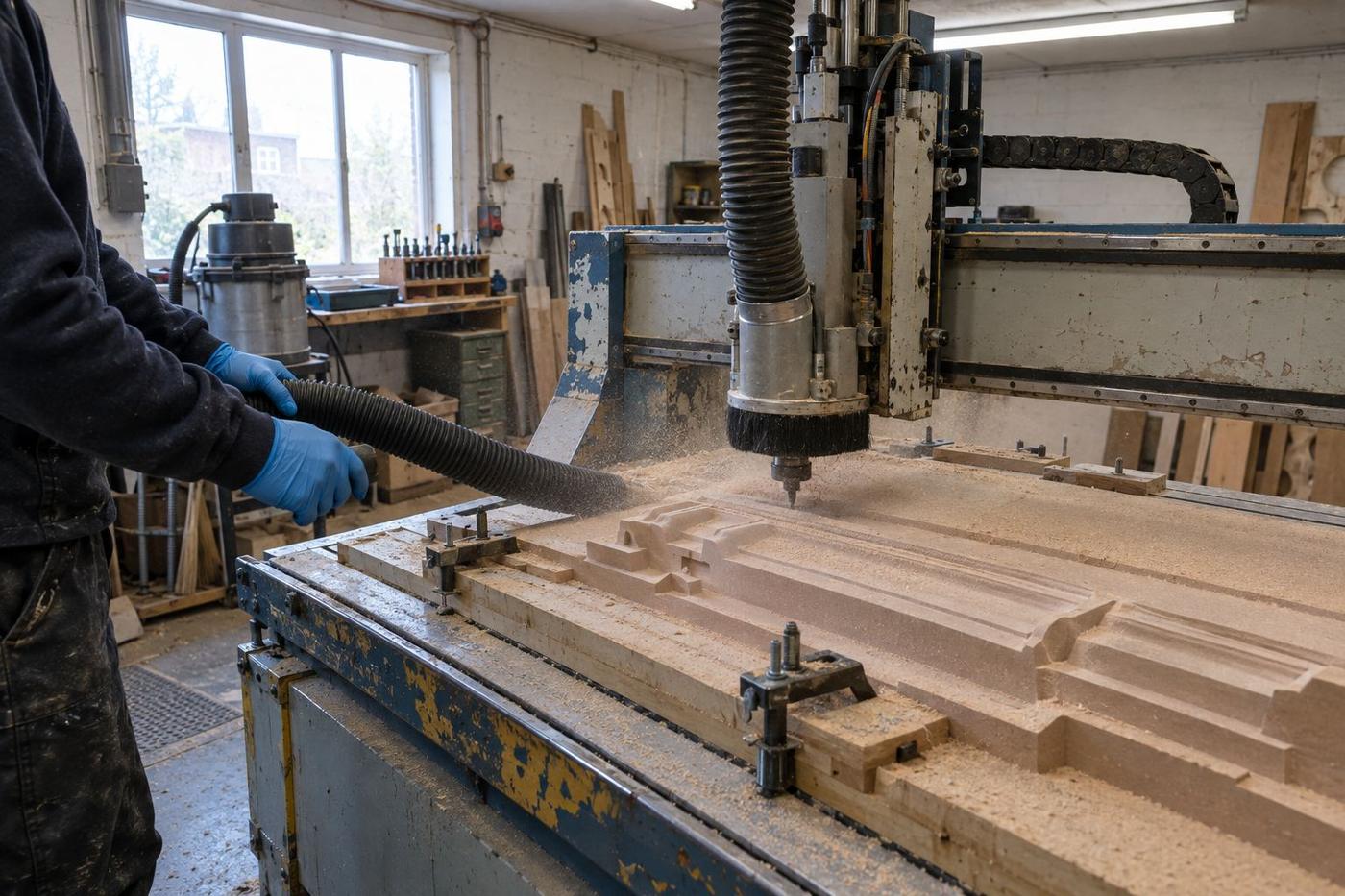 CNC router machining an architectural master pattern from tooling board.