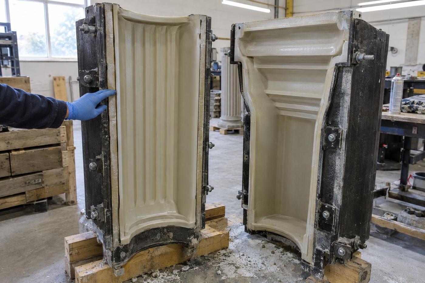 Split column mould with fluted liner and rigid support jacket.