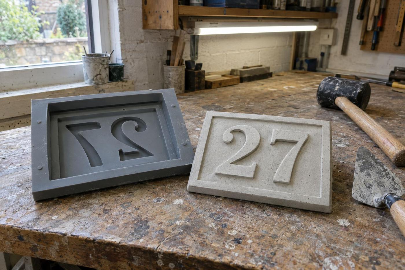 Gloved hands lifting a silicone mould for cast concrete plaque lettering.