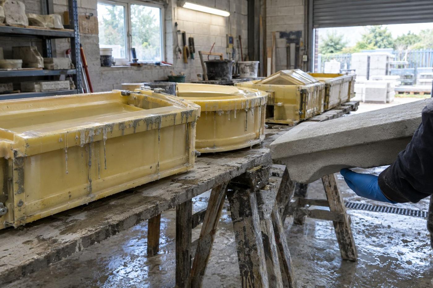 Polyurethane coping and capstone moulds arranged beside cast stone sections.