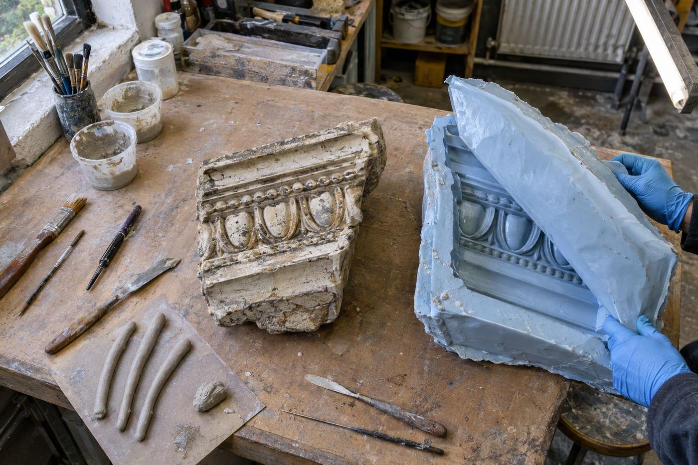 Original cornice fragment with silicone mould and restoration tools on bench.