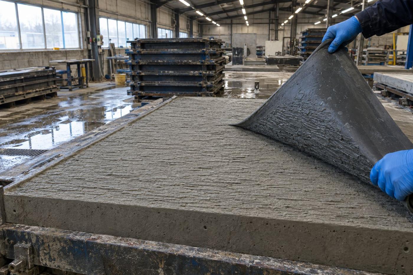 Large flexible formliner peeled from a textured precast concrete panel.
