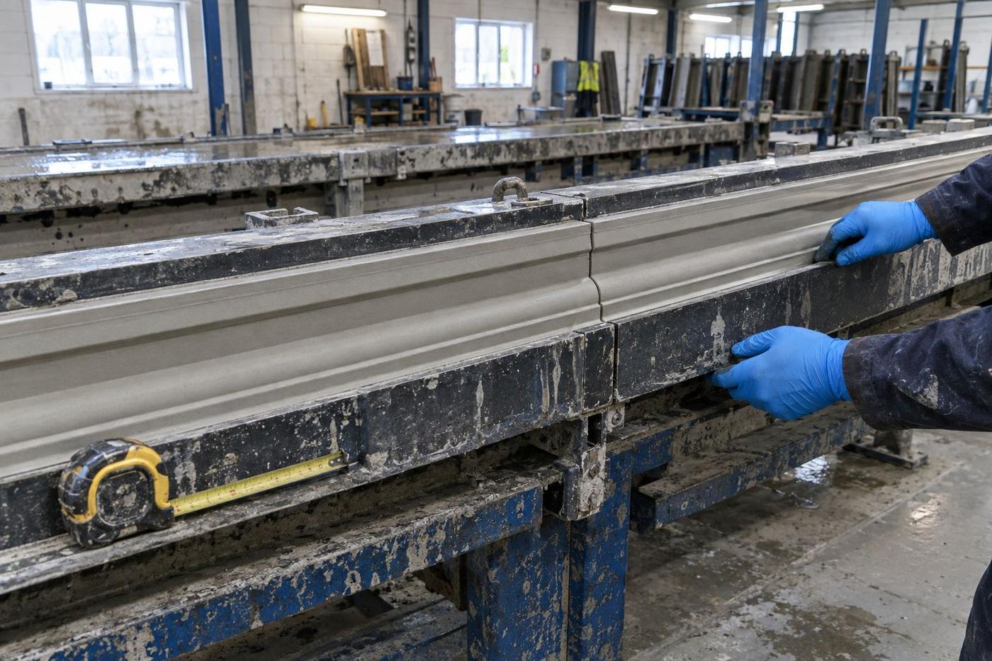 Long string course mould sections aligned across adjacent casting beds.