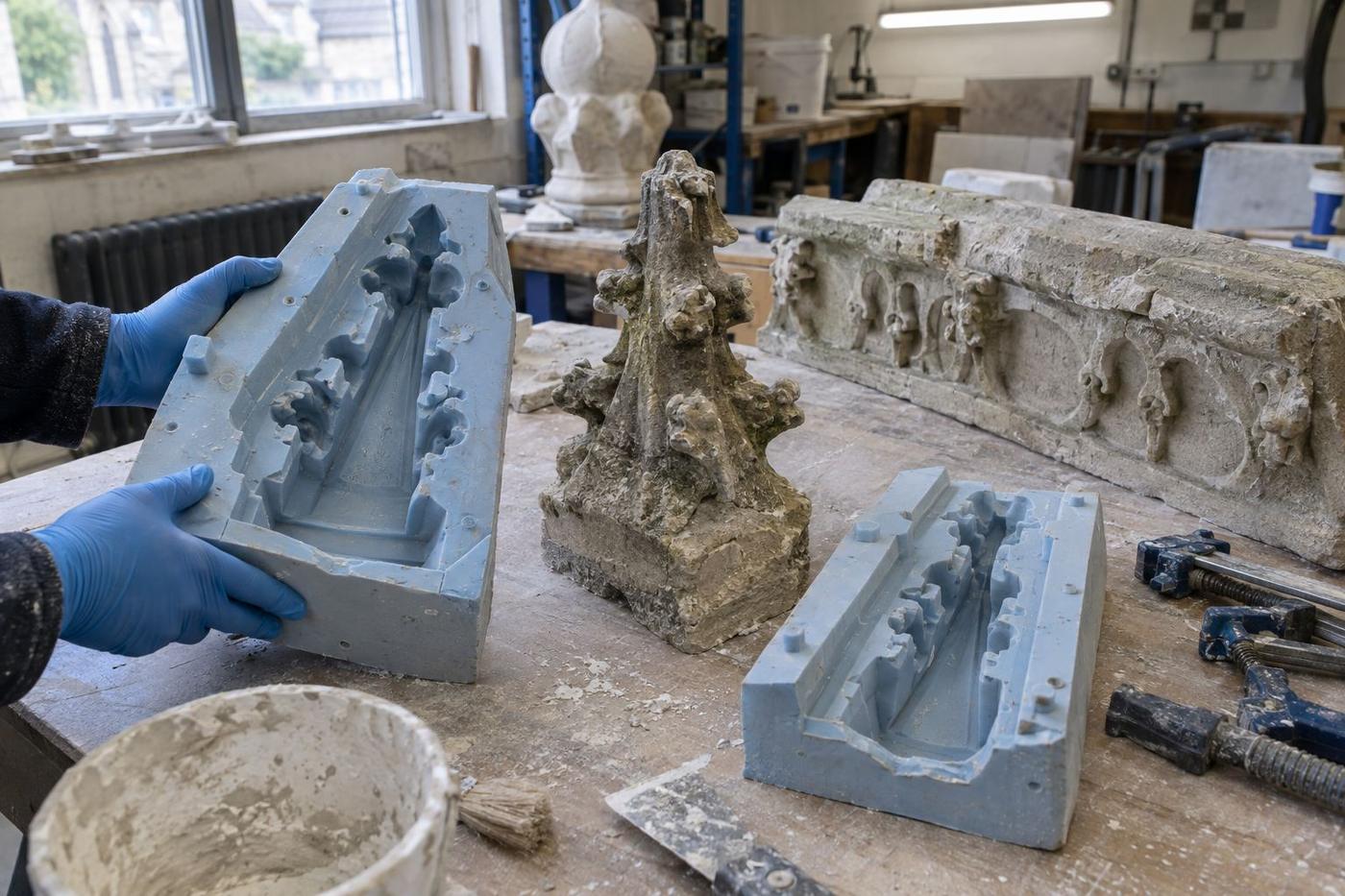 Split silicone moulds for finial and parapet restoration beside original fragments.
