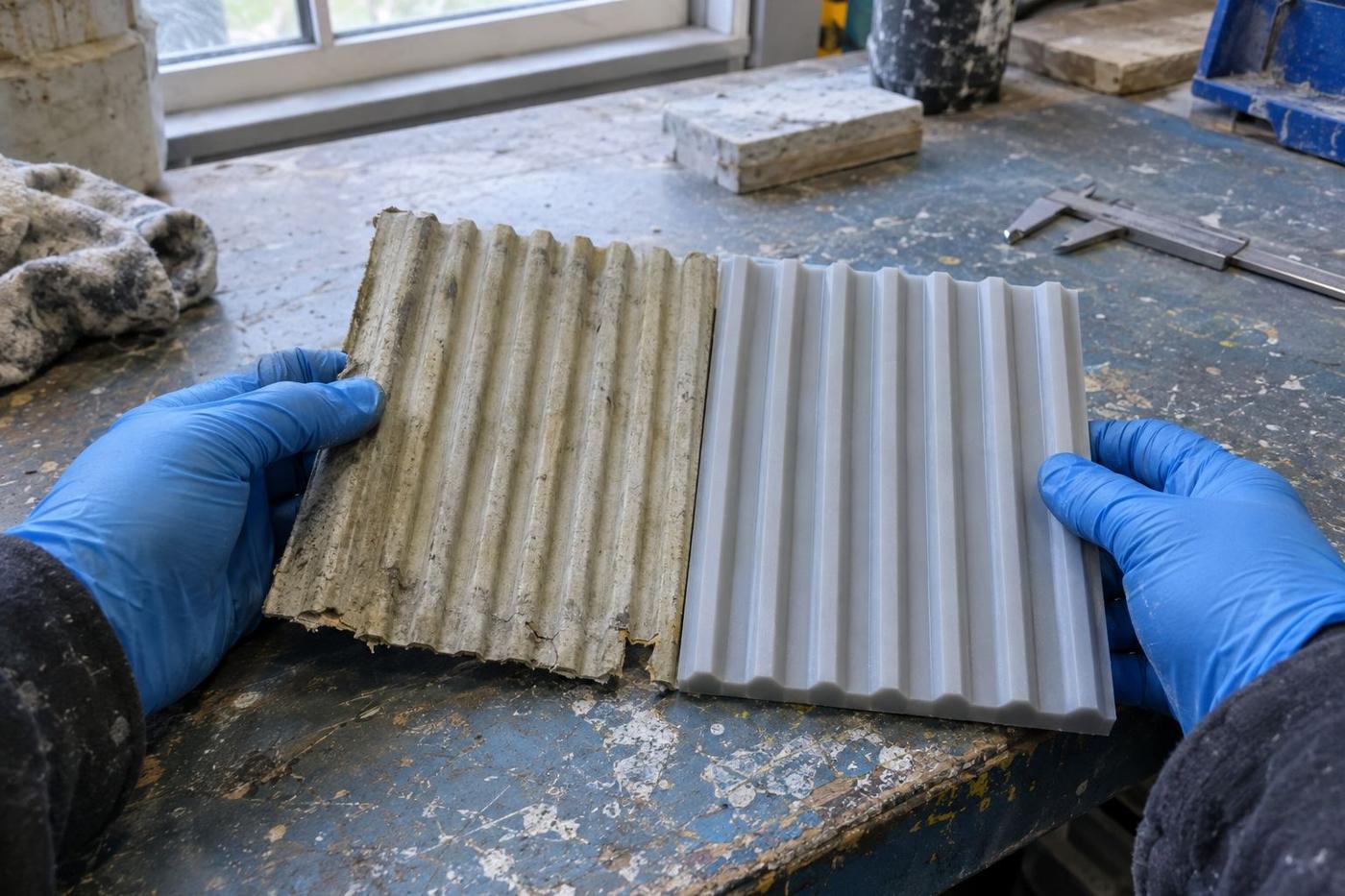 Old formliner offcut compared with a newly matched replacement sample.