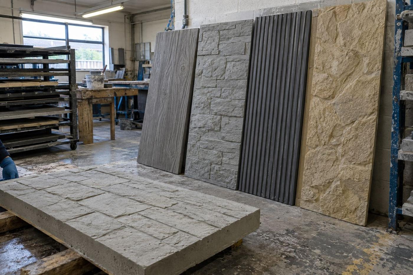 Various textured formliners with a crisp demoulded concrete sample panel.