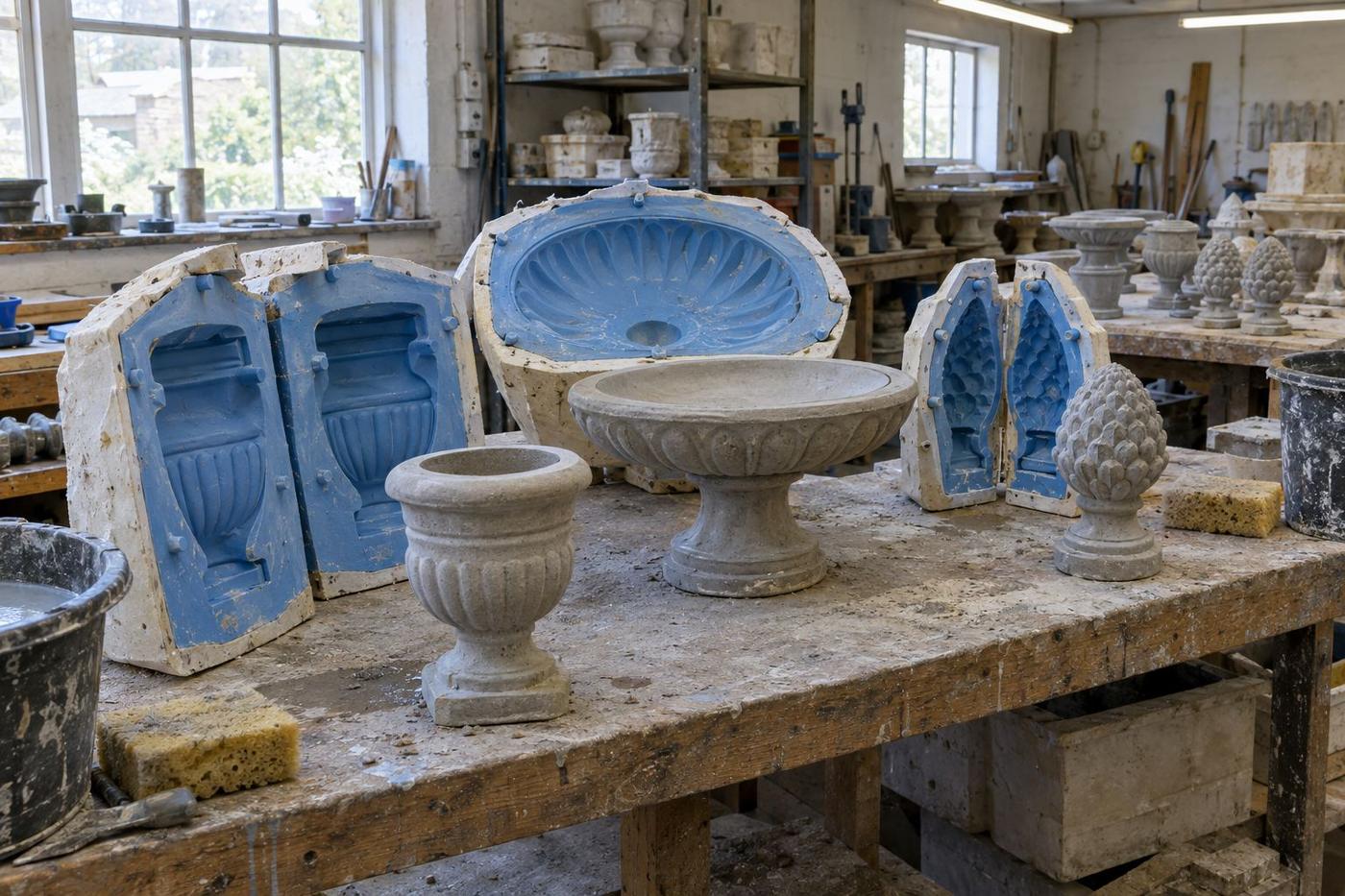 Silicone garden ornament moulds and curing cast stone pieces on bench.