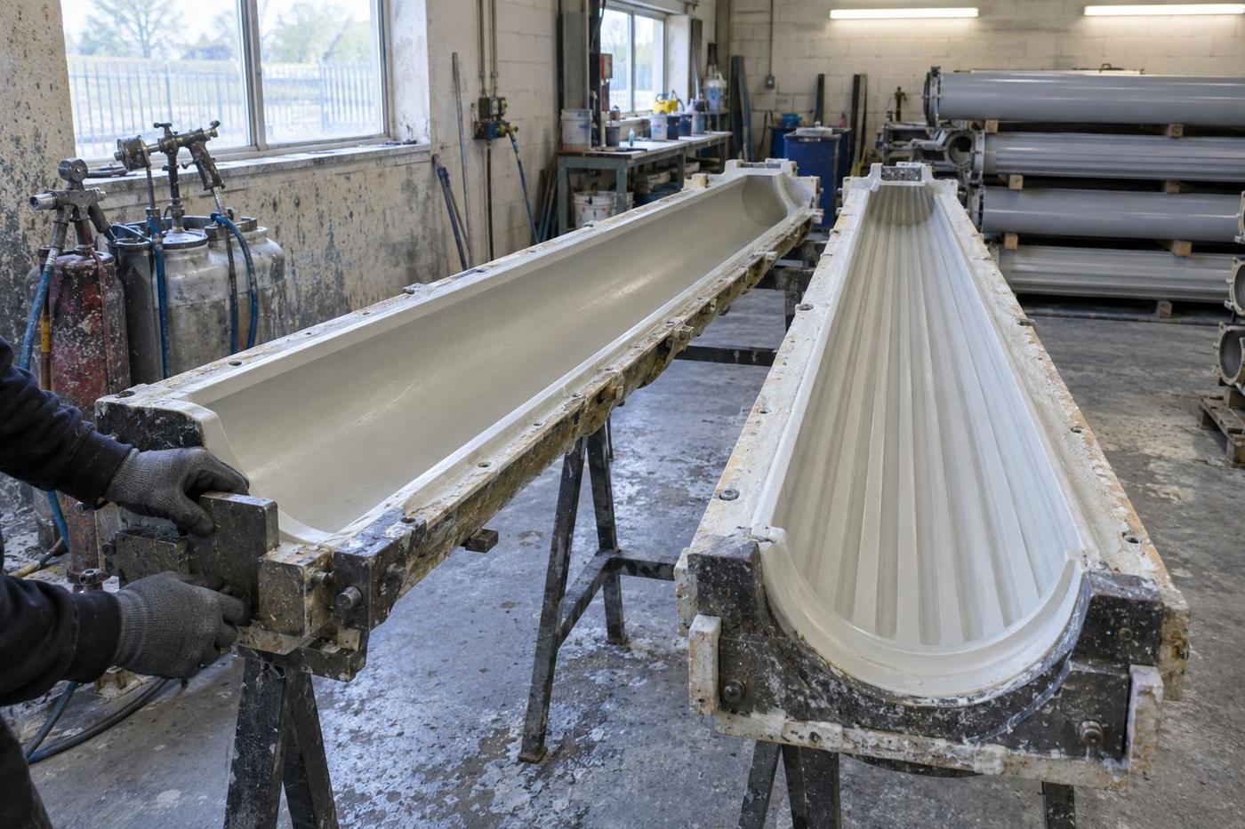 Split GRC column mould halves opened on stands in workshop.