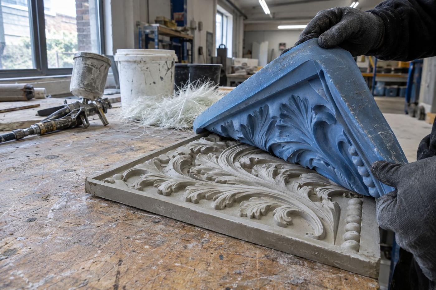 Gloved hands lifting a silicone mould from a detailed GRC relief sample.