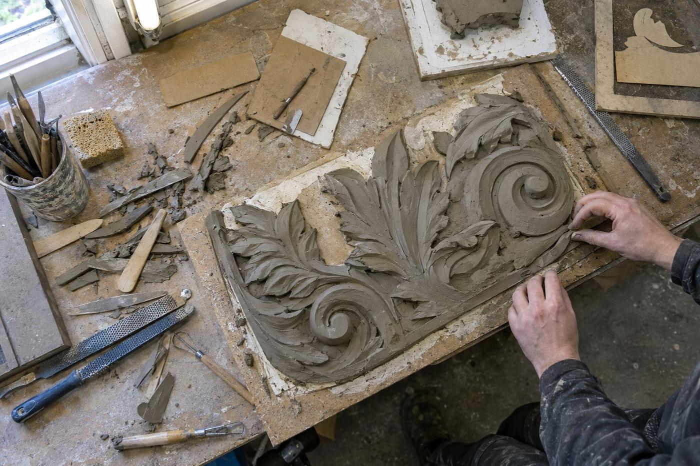 Overhead view of hands sculpting an ornamental relief master pattern.