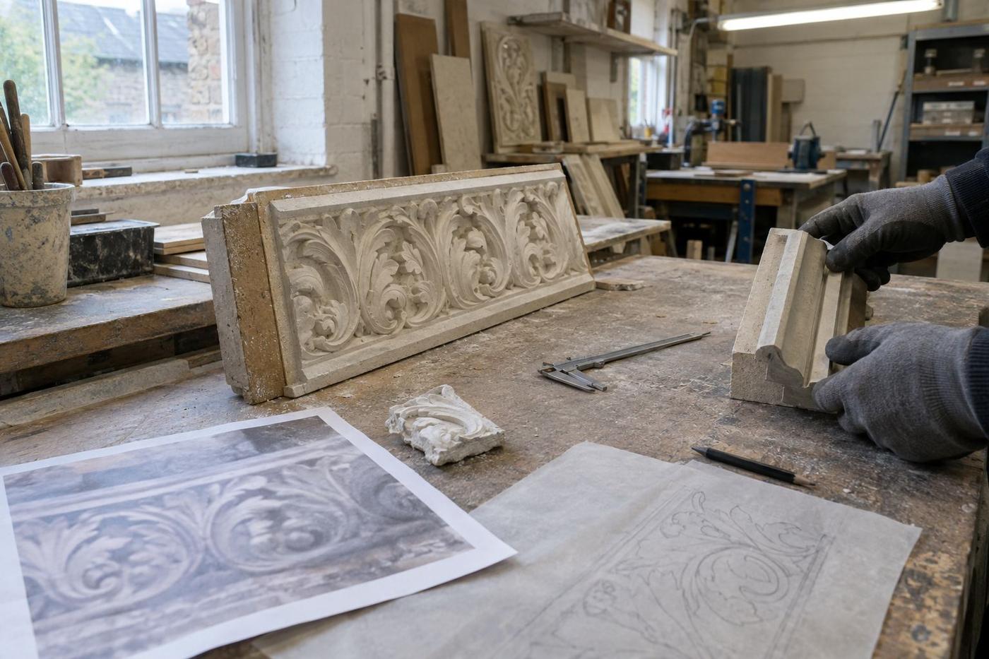 Reconstructed heritage relief pattern being refined with reference materials on a bench.