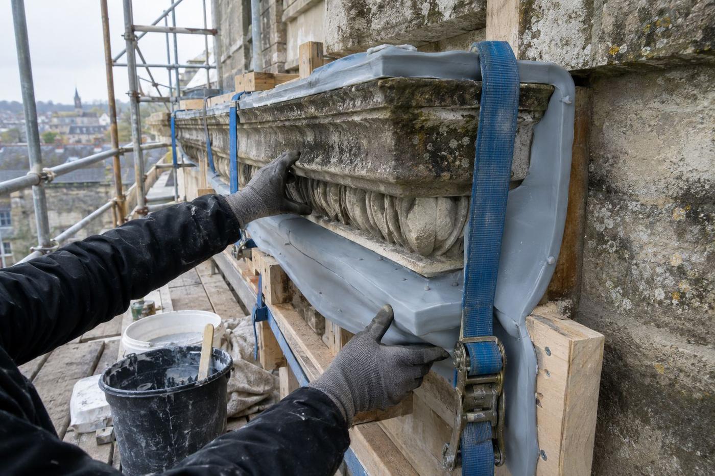 Silicone jacket mould being taken from a surviving cornice on scaffold.