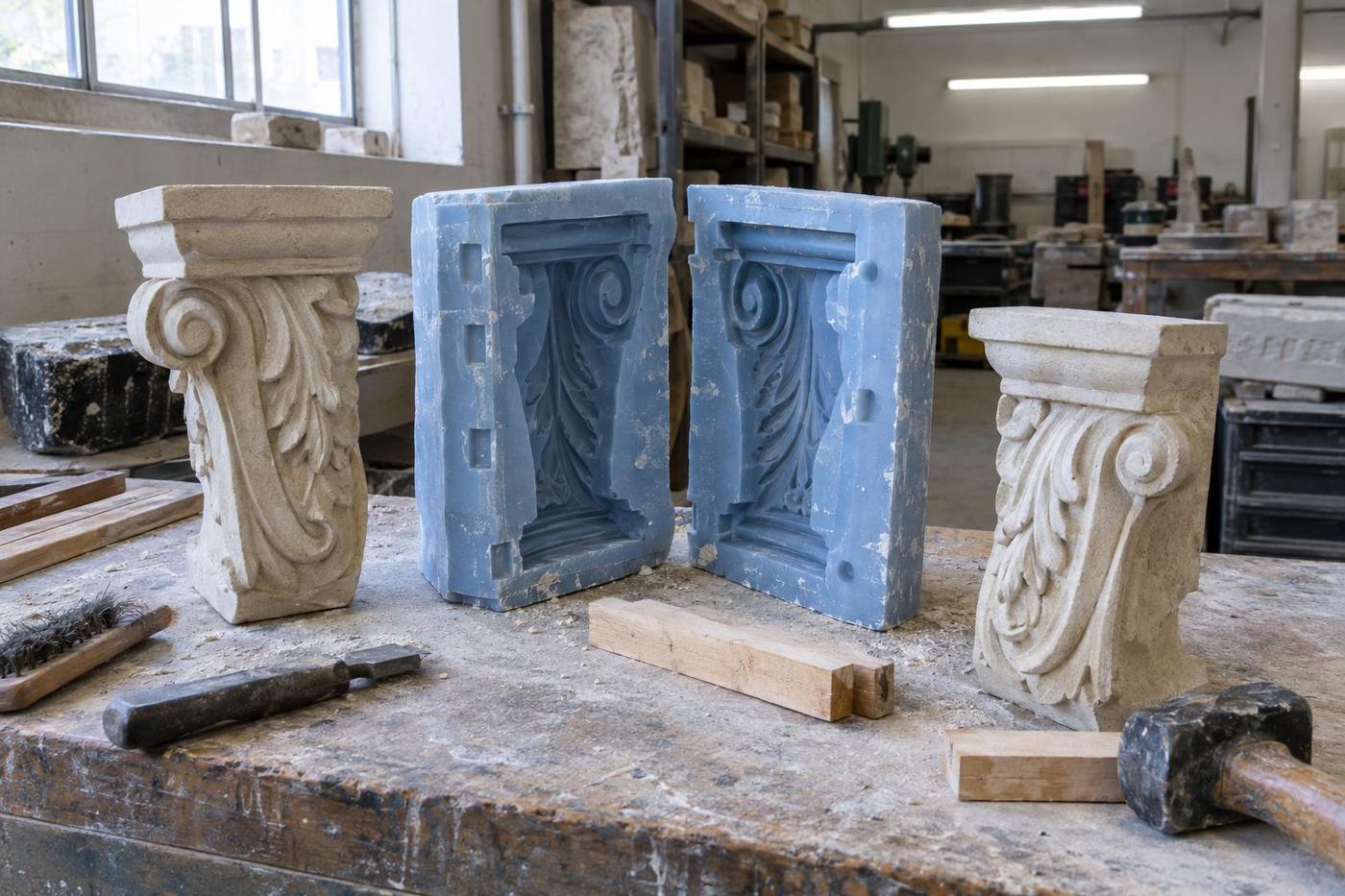 Keystone and corbel casts beside open silicone mould halves.