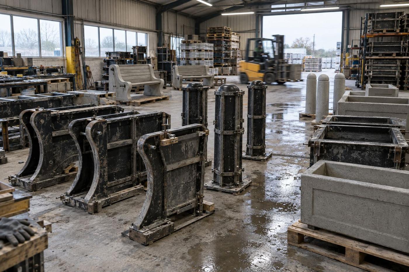 Precast yard with moulds for bench ends, bollards and planters.