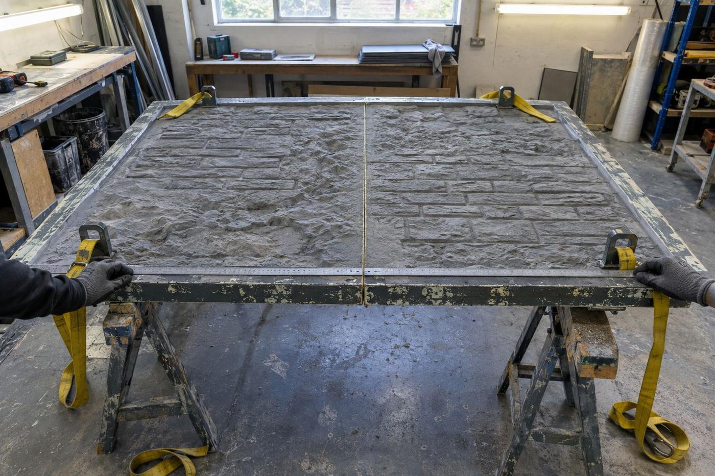 Large formliner on trestles with splice join and lifting frame.